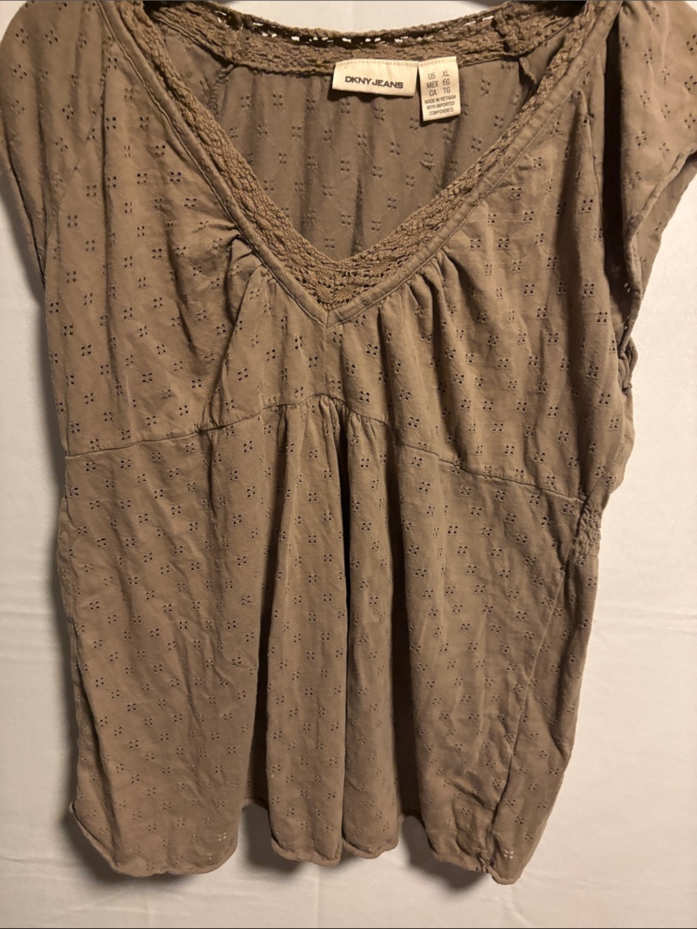 DKNY Tan Eyelet V-Neck Tunic Top